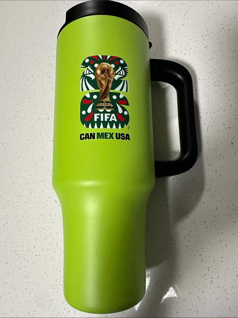 Official FIFA Green 40 oz. Travel Mug with Handle - CAN MEX USA World Cup Design